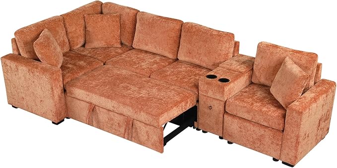 120.5 L-Shaped Convertible Sofa Bed with Pull-Out Bed Chenille Modular Sectional Sofa Reversible Sleeper with Cup Holders and Ample Storage Space for Living Room (Orange-120.5D)