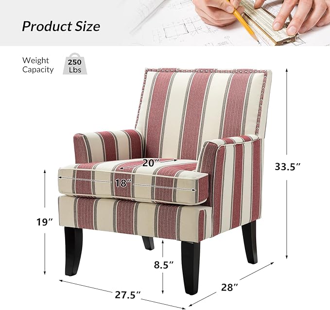 HULALA HOME Modern Accent Chair for Living Room Upholstered Fabric Single Sofa Chair Wingback Armchair with Wooden Legs for Bedroom Office Reading or Waiting Room Stripe Red