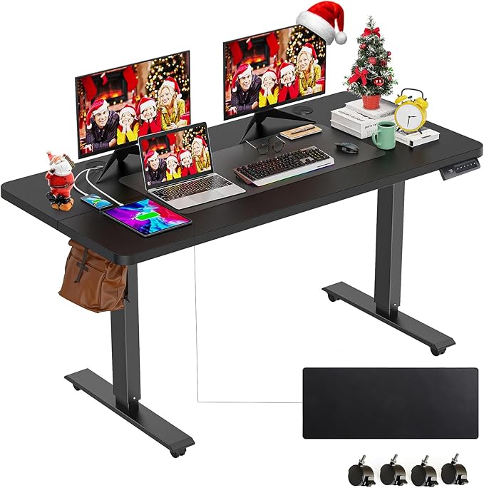 farexon Electric Standing Desk Adjustable Height 55 x 24 Inch Stand up Desk with Large Mouse Pad Rolling Wheels &amp Foot Pad27''-46'' Lifting Range Home Office Computer Desk(Black)