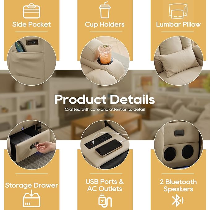 IPKIG Power Loveseat Recliner Sofa with Flip-Up Backrest Console Bluetooth Speakers Drawer AC Outlet LED Light Wall Hugger Recliners for Living Room RV Home Theater (Beige Loveseat)