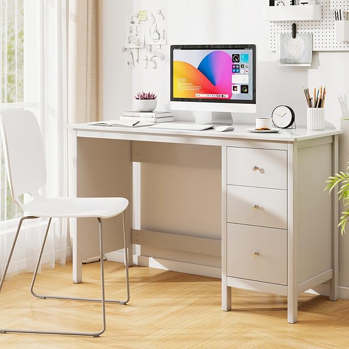 Tangkula White Desk with Drawers Modern Home Office Computer Desk with Storage Drawers &amp Spacious Desktop Compact Writing Study Desk Laptop Desk for Bedroom Multipurpose Workstation
