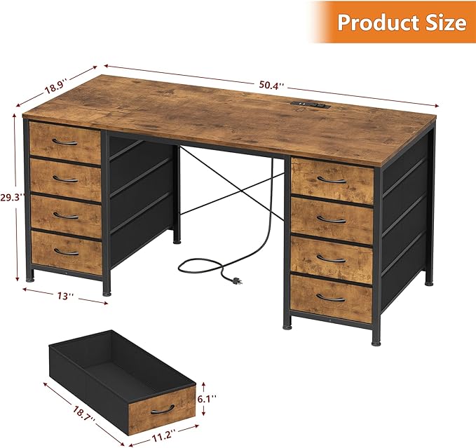 50 Inch Computer Desk with 8 Drawers Home Office Desk with Power Outlets Work Study Gaming Desk with 8 Fabric Drawers Rustic Brown