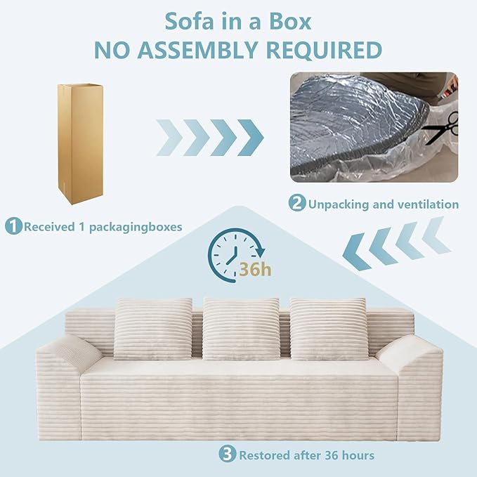 71Cloud Loveseat SofaModern 2-Seater Boneless Couch with 3Pillows &amp Side PocketSoft Corduroy LoveseatCompressed FoamDeep SeatNo Assembly for Living RoomBedroomApartment(Tilted Armrest Whi