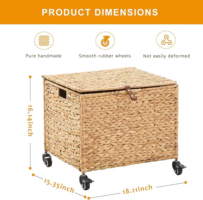 Rolling File Cabinet Basket with Smooth Rubber Casters Water Hyacinth Mobile File Organizer with Metal Frame for Home Office Fits Letter &amp Legal Hanging File Folders (Natural)
