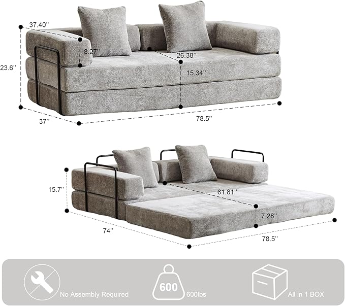 Folding Sofa Bed Modular Sectional Cloud Couch Convertible Sleeper Sofa Bed with Pillow Back Support Armrest for Living Room Bedroom Lounge No Assembly Required Chenille(Light Grey)
