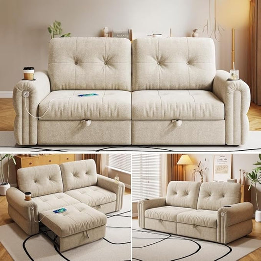 77'' Pull Out Couch Full Chenille Sleeper Sofa Bed with 5-Minute Assembly Convertible Futon Sofa Bed Adjustable Backrest USB 2 Cup Holders Loveseat for Living Room Office Light Brown