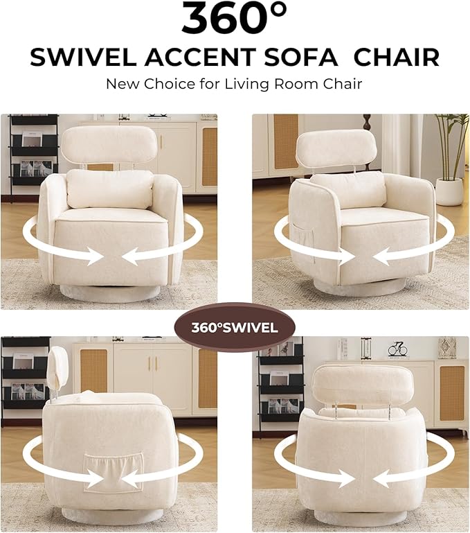 Modern 360°Swivel Accent Chair Set of 2 with Adjustable Headrest Round Swivel Barrel Chairs with Lumbar Pillow Vanity Chair for Makeup Comfy Living Room Armchair for Living Room Bedroom Beige