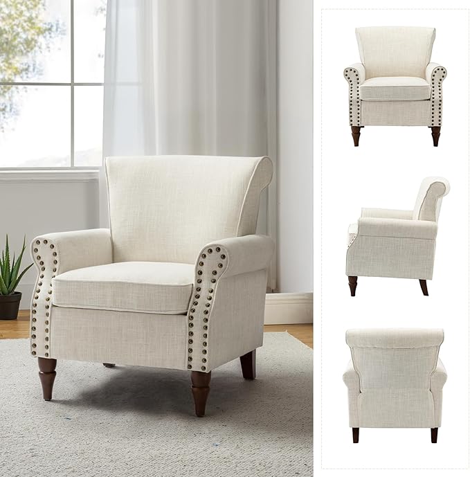 HULALA HOME Accent Chair with Wood Legs &amp Removable Cushion Modern Wingback Armchair with Nailhead Trim Comfy Upholstered Lounge Chair Single Sofa Chairs for Living Room Bedroom Ivory