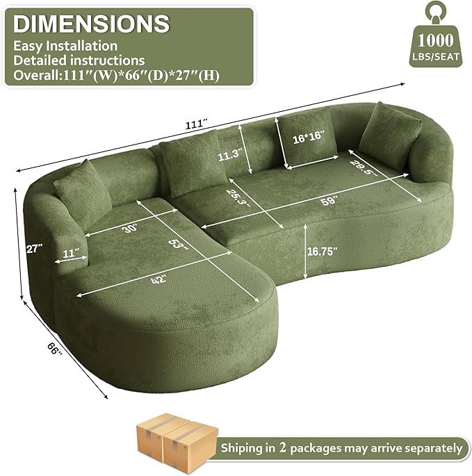 Oversized Sectional Sofa with Left Chaise for Living Room 111 Modern Curved L Shape Cloud Couch with Extra Deep Seat Modern Luxury Chenille 4 Seater No Assembly Required Green