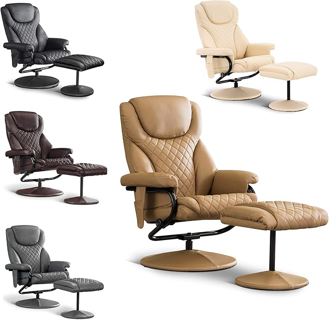 MCombo Recliner with Ottoman Reclining Chair with Massage 360 Swivel Living Room Chair Faux Leather 4901 (Cream White)