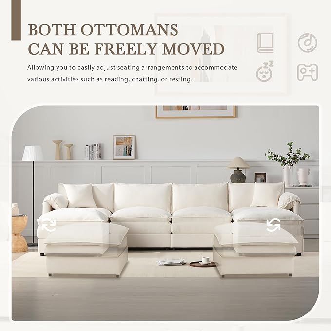 136 Chenille U-Shaped Modular Sectional Sofa with Deep and Wide SeatCloud Couch Set with Double Cushions6 Seat Sofa with Movable Ottomanfor Living Room Apartment Office (Cream#h)