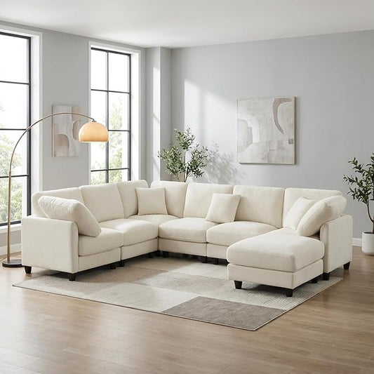 7 Seater Oversized Modular Sectional Sofa Deep Seat Cloud Couch - Free Combination Convertible Lounge Sofa Couch with Movable Ottoman for Living Room Apartment Office