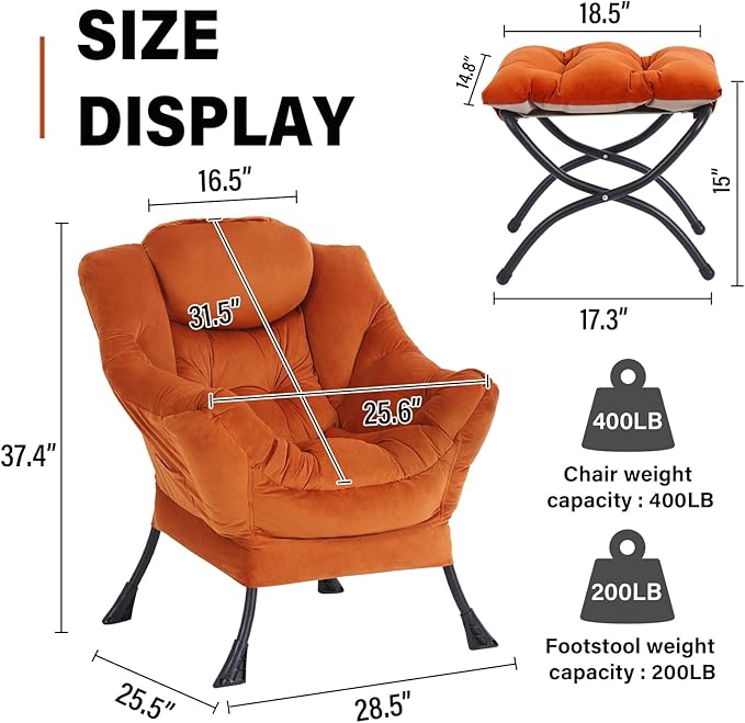 Lazy Chair with Ottoman Modern Accent Chair Contemporary Sofa Chair with Armrests Reading Chair and Folding Footstool Set for Living Room Bedroom Orange