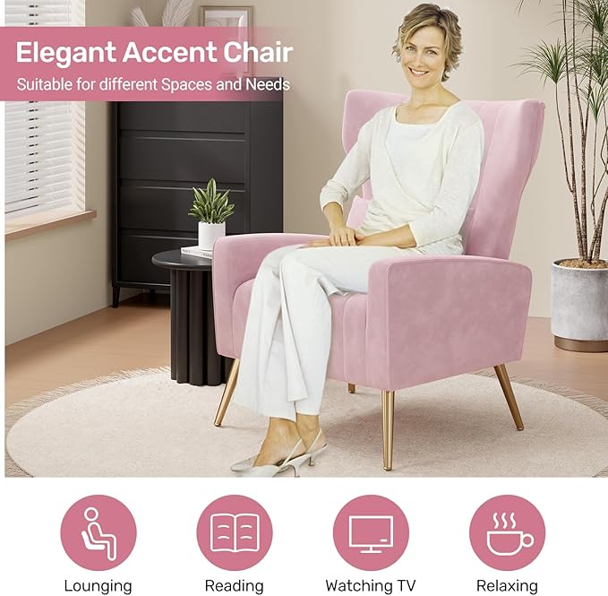 Velvet Accent Chair Set of 2Wingback for Living Room High Back Arm Chair with Golden Legs Lumbar Pillow Upholstered Single Sofa Bedroom Pink
