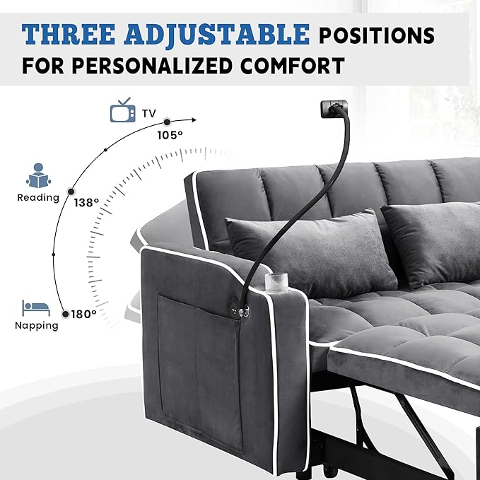 TTK 3-in-1 Convertible Velvet Sleeper Sofa Bed Pull-Out Loveseat with Adjustable Backrest USB Port &amp 2 Pillows Swivel Phone Stand &amp Storage Pockets Modern Futon Couch for Living Room Gray