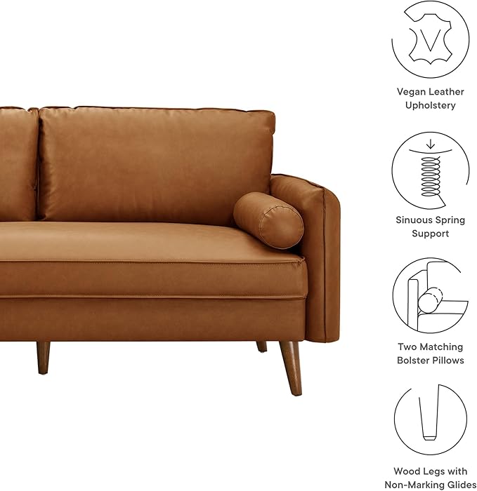 Modway Revive 72 Inch Faux Leather Sofa in Tan – 3 Seater PU Leather Couch with Cozy Wide Seats - Mid-Century Modern Upholstered Sofa for Living Room or Office