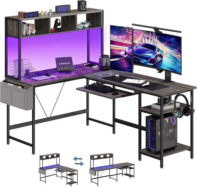 DUMOS L Shaped Gaming Desk 67” Reversible Computer Desks with Led Lights Corner Table with Keyboard Tray Side Bag Storage Shelf Metal Frame Wood Writing for Home Office Bedroom Grey