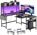 DUMOS L Shaped Gaming Desk 67” Reversible Computer Desks with Led Lights Corner Table with Keyboard Tray Side Bag Storage Shelf Metal Frame Wood Writing for Home Office Bedroom Grey