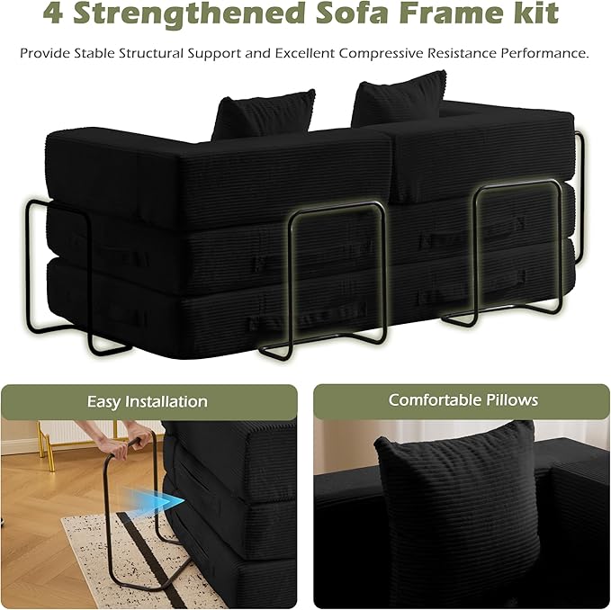 4 in 1 Convertible Sleeper Sofa Bed78’’ Compression Folding Sofa Bed with Pillows &amp Side Pockets Fold Out Floor Couch Boneless Couch for Living Room BedroomBlack