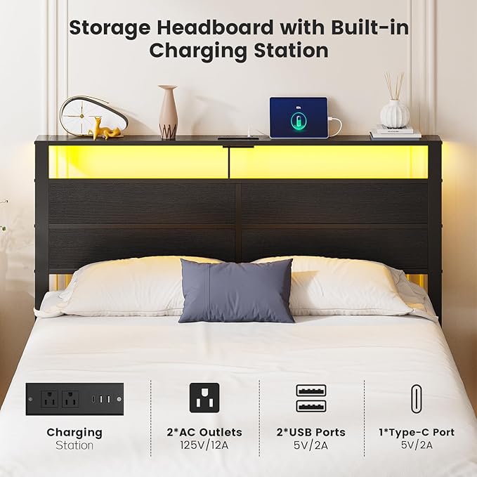 Full Size Metal Bed Frame with Storage Headboard LED Lights and USB Charging Ports Noise Free Platform Bed with Sturdy Slats No Box Spring Needed Easy Assembly