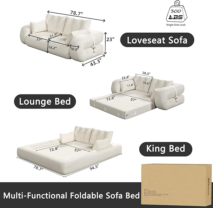 78.7 King Foldable Sofa Bed Lazy Sofa Couch 3-in-1 Multi-Functional Sleeper Sofa Bed Teddy Futon Sofa Floor Loveseat Sofa Human Dog Bed Bean Bag Lounge Recliner for Living Room Black