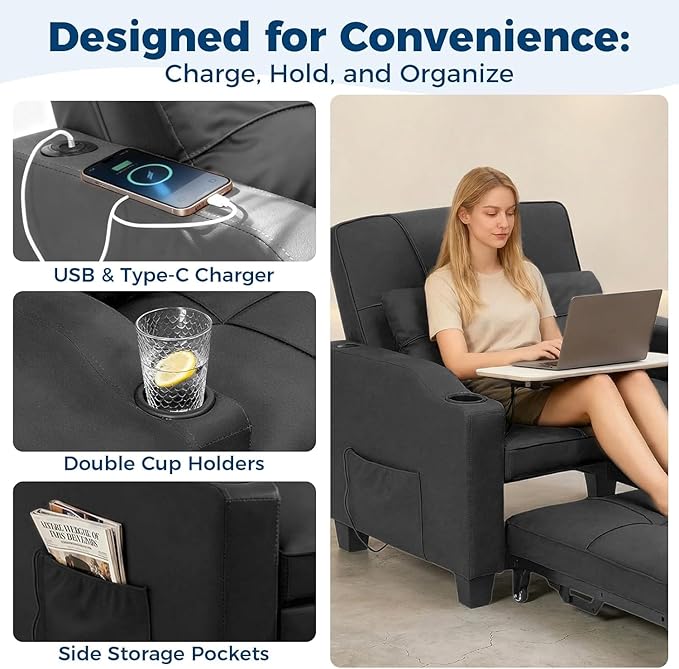 Sleeper Chair Pull Out Bed 4 in 1 Convertible Sofa Chair Bed with Vibration Massage Lumbar Pillow Single Sofa Recliner with USB/Type-C Port Cup Holders and Side Pocket for Small Spaces (Black)