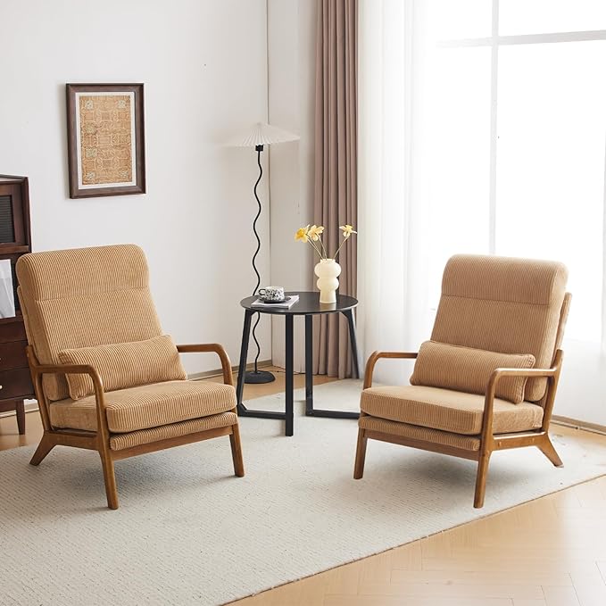 Karl home Mid-Century Modern Accent Chair Living Room Chairs with Pillow High Back Corduroy Upholstered Lounge Armchair with Solid Wood Frame &amp Soft Cushion for Bedroom Reading Room Khaki