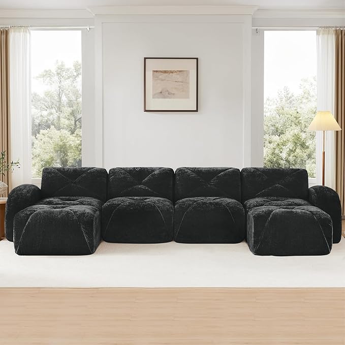 140.9'' Modular U Shaped Sectional Couches for Living Room Modern Velvet Cozy Boneless Sofa with 2 Ottoman No Assembly Required Comfy Couch Black Cloud Boneless Couch in a Box Sofas para Sala