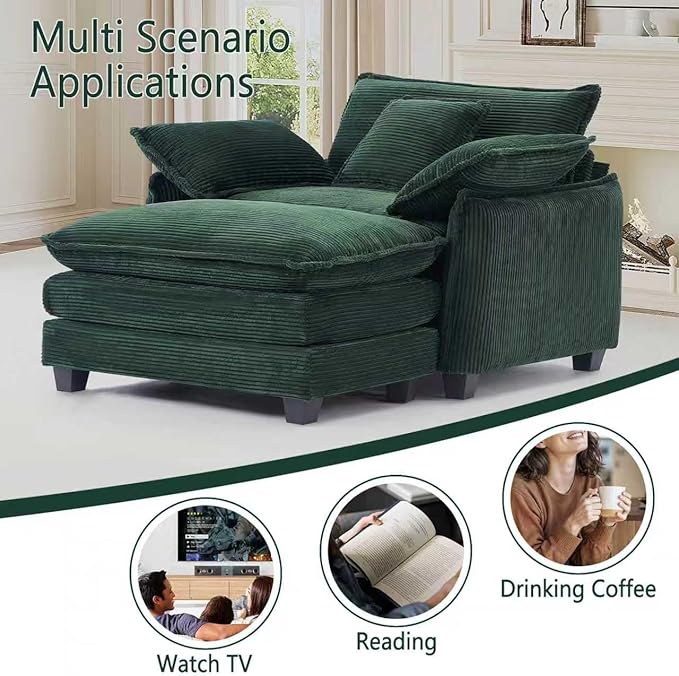 Oversized Chair with Ottoman Modern Corduroy Sofa Bed Single Sofa Chaise Large Upholstered Sofa for Living Room Bedroom (Green)