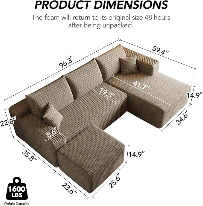 96 U-Shape Boneless Modular Sectional Cloud Couch with Chaise and Ottoman‌-Modern Comfy Corduroy couches for Living Room-Memory Foam SofaNo Assembly Required(Camel 96 Right Facing Chaise+Ottoman)