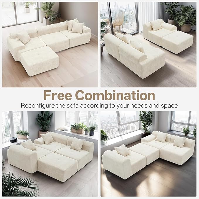 119’’ Modular Compression Sofa L-Shaped Cloud Sectional Couch with Chaise &amp Deep Seating Modern Upholstered Living Room Couch with Removable Pillows Easy Expand Design Beige Chenille Fabric