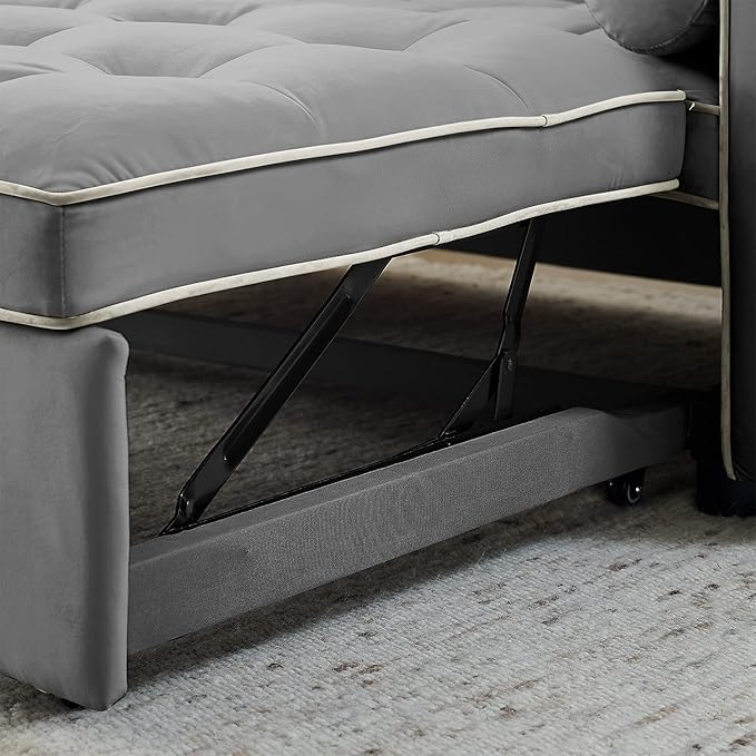3 in 1 Sleeper Sofa Couch Bed Small Tufted Velvet Convertible Loveseat Futon Sofa w/Pullout Bed Adjustable Backrest Cylinder Pillows for Living Room Apartment Easy to Assemble Grey 55.5