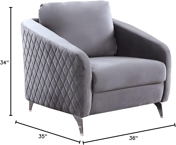 Lilola Home Sofia 36 W Gray Velvet Accent Chair with Silver Legs – Tufted Modern Armchair for Living Room Bedroom or Reading Nook