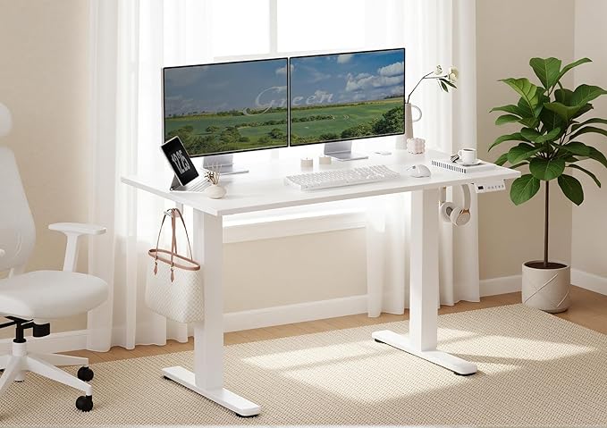 Seang Electric Height Adjustable Standing Desk 40 x 24 Inch Sit-Stand Workstation with T-Style Frame 3 Memory Height Options &amp Built-in Cable Management for Home Office White Frame/White Top