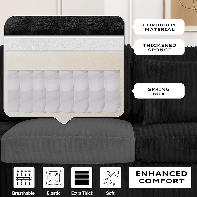 110” Corduroy Sectional Sofa w/Pull Out Bed &amp Storage Chaise Reversible U Shaped Sofa w/Storage Armrests &amp Cup Holders Corner Couch w/USB Charging Port &amp Throw Pillow for Living Room Bl