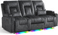 URRED Wall Hugger Power Recliner Sofa RV Double Reclining 3-Seater Couch for Living Room with LED Lights USB Ports Cup Holders and Side Pockets Outlets Drawer Velvet Fabric - Gray