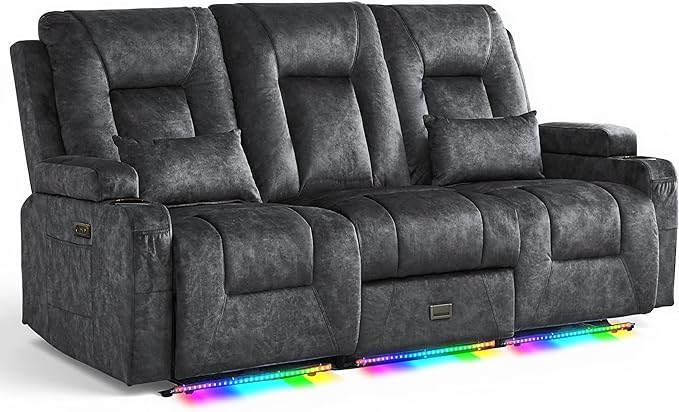 URRED Wall Hugger Power Recliner Sofa RV Double Reclining 3-Seater Couch for Living Room with LED Lights USB Ports Cup Holders and Side Pockets Outlets Drawer Velvet Fabric - Gray