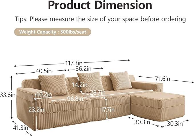 4 Seater L Shape Sectional Boneless Sofa117.3 Cloud Sectional Couch with Deep Seat No Assembly Required Throw Pillows and 1 Movable Ottoman Corduroy Fabric Camel