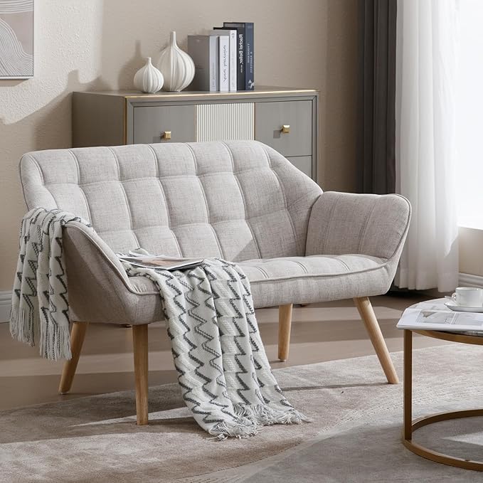 48 Small Loveseat for Small Spaces Upholstered Linen Loveseat Sofa Mid Century Modern Mini Couch with Armrest and Wood Legs for Bedroom Living Room Apartment Beige