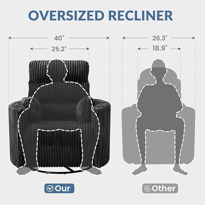 GRAINELL Oversize Power Swivel Recliner 40in Wide Electric Glider Rocking Chair with Headrest Adjustment USB Port 270° Swivel Rock 30° – for Living Room Nursery Black (5 7' to 6 1' Height)