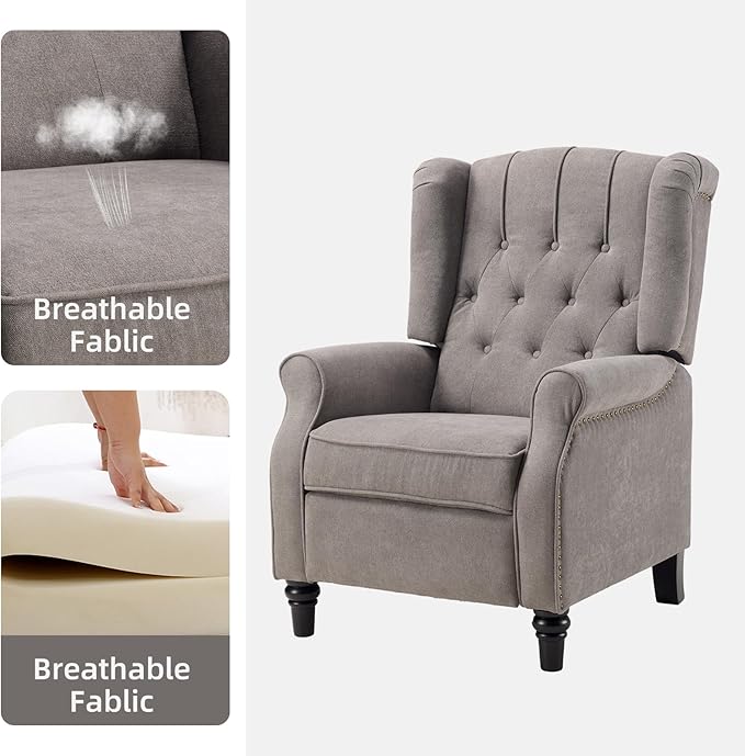 Bonzy Home Push Back Recliner Chair Mid Century Modern Wingback Chair Comfy Armchair Fabric Living Room Chairs with Rivet Decoration Button-Tufted Back Solid Wood Legs Gray