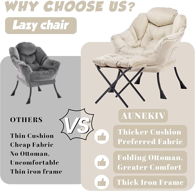 Lazy Chair with Ottoman Comfy Accent Lounge Chair with Side Pocket Modern Reading Armchair with Footrest Upholstered Sofa Chair for Small Spaces Bedroom Living Room Dorm Beige