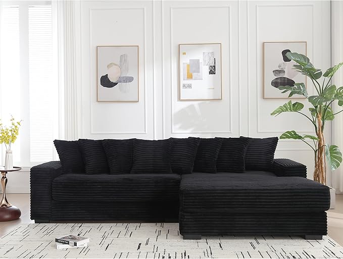 111 Inch Corduroy Sectional Couches for Living Room | L-Shaped Sectional Couch with 8 Pillows | Cloud Couch with Deep Seat | Solid Wood Frame Sofa Black (Right Facing Chaise)