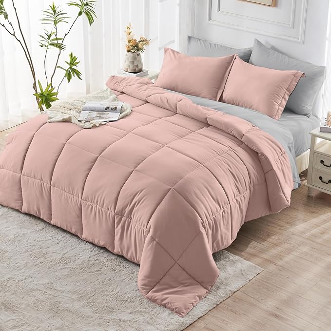 JOLLYVOGUE Twin XL Comforter Set Ultra-Soft Bed in a Bag Twin XL Size 5 Pieces Oeko-TEX Certified Bedding Set with Down Alternative Comforter Sheets Pillowcases &amp Shams Pink &amp Light Grey