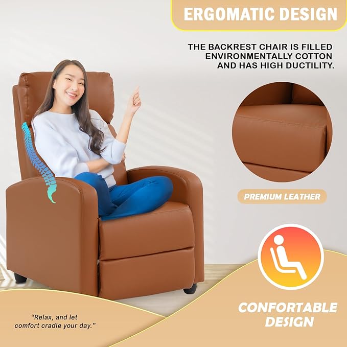 PayLessHere Recliner Chair Single Reclining Sofa Home Theater Seating with Lumbar Support and PU Leather Padded Backrest for Living Room and Bedroom (Tan)
