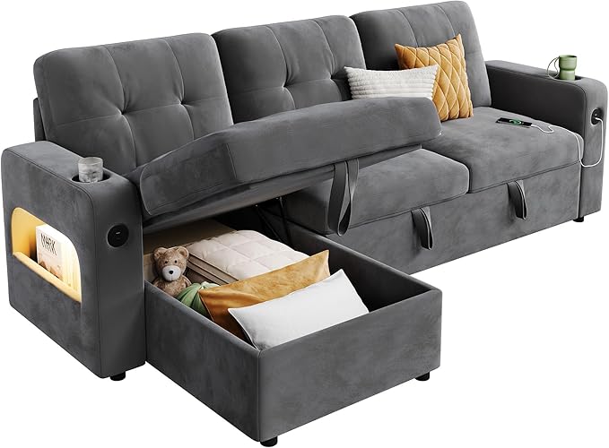 IDEALHOUSE 84 Sleeper Sofa with Storage &amp Charging Station Convertible Sectional Couch Bed with LED Lights Reversible Chaise Pull Out Sofa Bed for Living Room Apartment Velvet Dark Grey