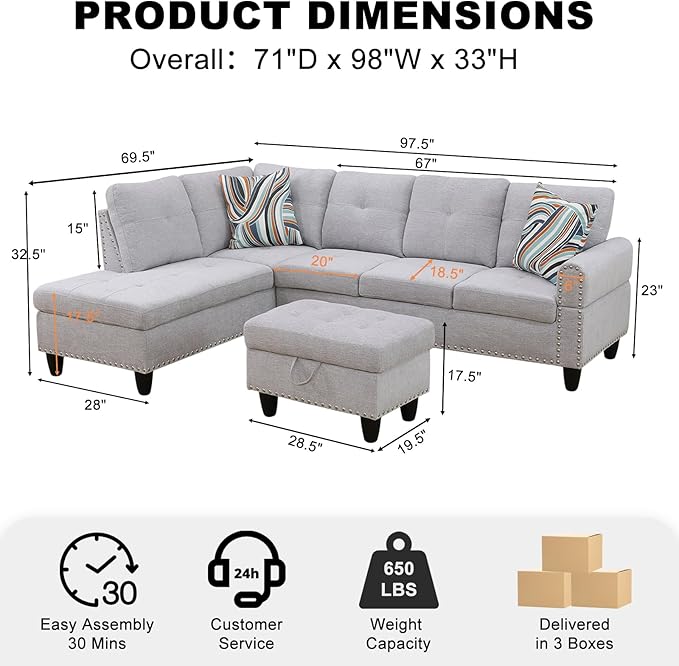Wakefit Sectional Sofa Couch Modern 4-Seaters Living Room Furniture Sets with Chaise Lounge Ottoman &amp 2 Pillows | L Shape Couch | Cup Holder | Linen Fabric Light Gray