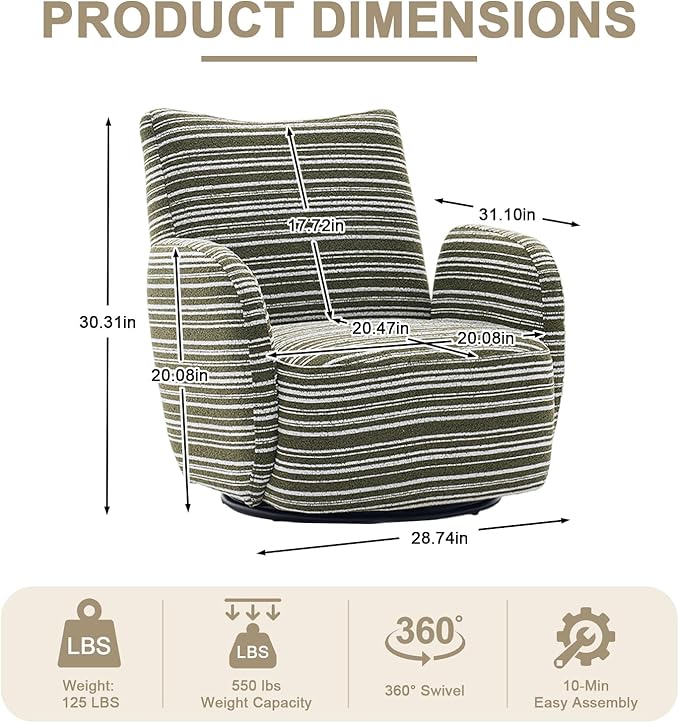 360° Swivel Accent Chair with Armrest Modern Striped Upholstered Lounge Chair Stable Round Base &amp Sturdy Metal Frame Armchair for Bedroom Living Room Office &amp Vanity (Olive Green)