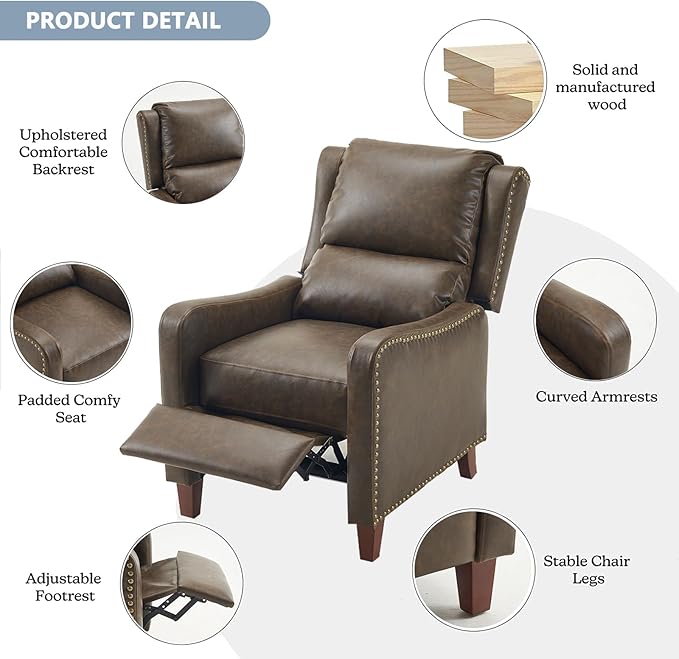 Leather Pushback Recliner Chair PU Leather Push Back Armchair Upholstered Recliner Chair 105-135 Degree Adjustable Retro Accent Chair for Living Room Bedroom - Gray