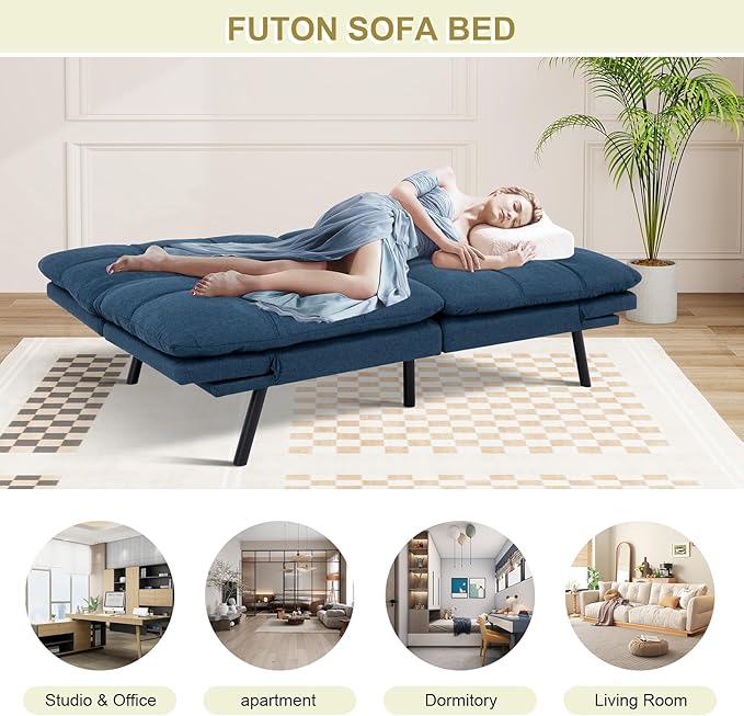 MUUEGM Convertible Futon Sofa Bed Memory Foam Futons Couch Bed 71 Adjustable Backrests and Armrests Sleeper Sofa Modern Love Seat Couch Bed for Living Room Small Space Office Blue